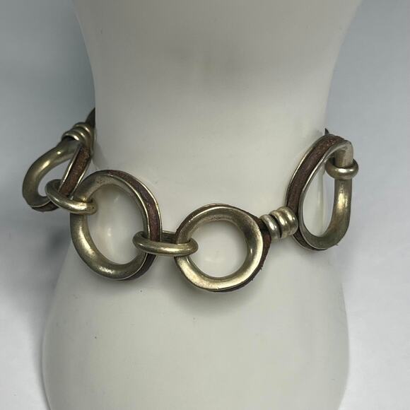 Kenneth Cole bracelet burnished gold tone chunky link with leather accents - Picture 1 of 9
